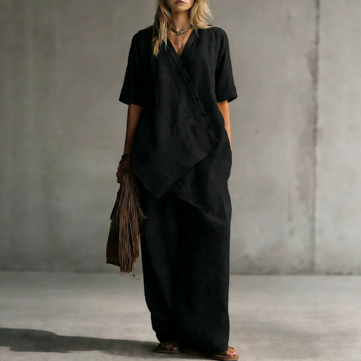 Damen Leinen-Zweiteiler mit asymmetrischer Knopfleiste und weiter Palazzo-Hose – Élanora