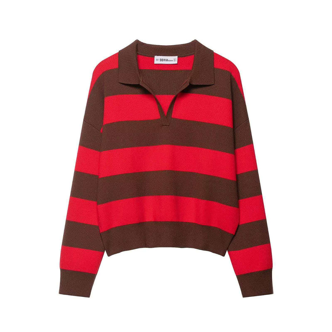 Damen nan gestreifter Rugby-Pullover mit Polokragen, V‑Ausschnitt und verlängerten Rippbündchen Echo Archiv