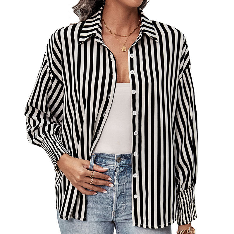 Damen Langärmlige Boyfriend-Hemdbluse mit vertikalem Streifendessin und gerafften Bündchen Echoarchiv