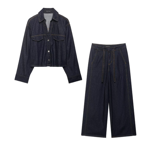Damen Denim-Zweiteiler mit Cropped-Workerjacke und weiter High‑Waist-Hose Echo Archiv