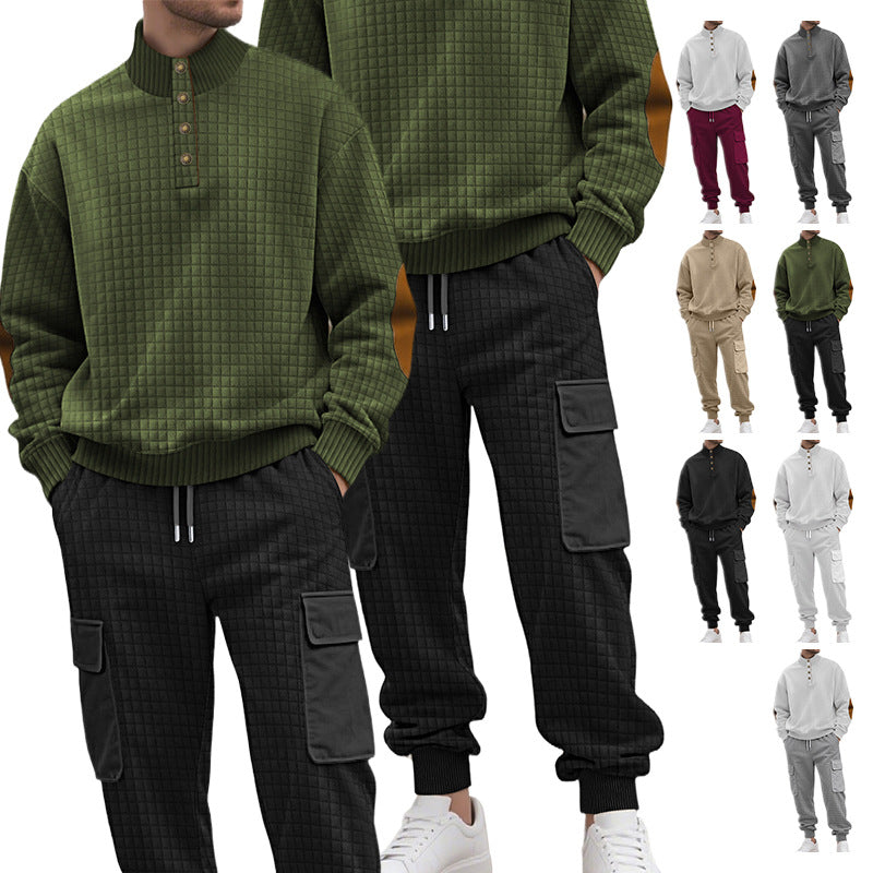 Herren nan Karo-Relief-Sweatset mit Stehkragen-Knopfleiste, Velours-Ellenbogenpatches und Cargo-Jogger Echo Archiv