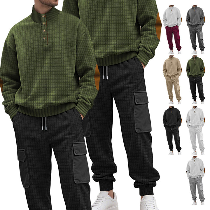 Herren nan Karo-Relief-Sweatset mit Stehkragen-Knopfleiste, Velours-Ellenbogenpatches und Cargo-Jogger Echo Archiv