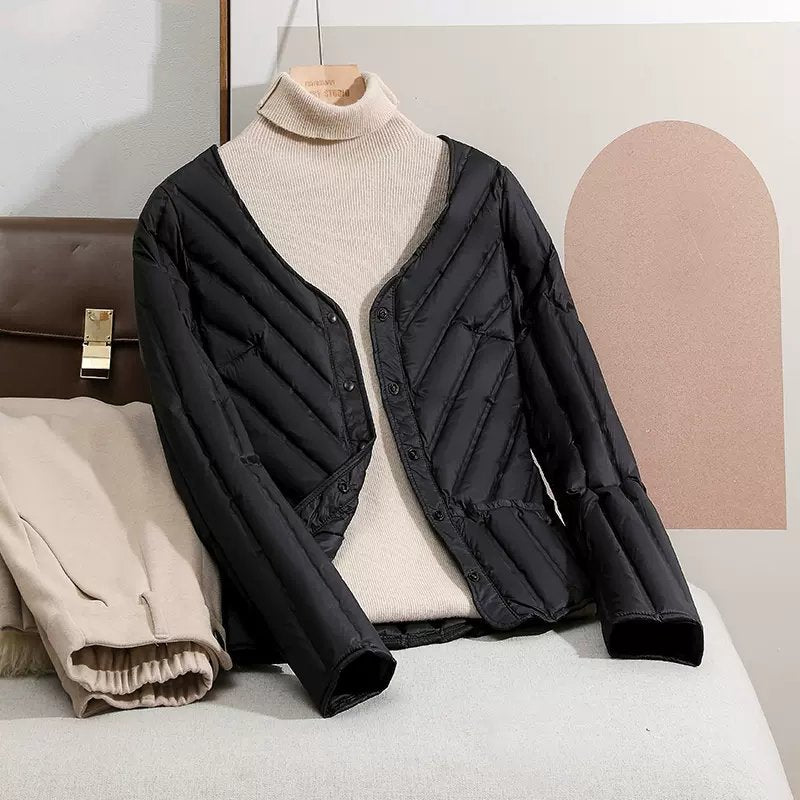 Damen Ultraleichte gesteppte Cardigan-Jacke mit V-Ausschnitt und Druckknopfverschluss Echoarchiv