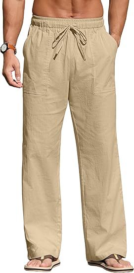 Herren nan leichte Leinenhose mit elastischem Bund, Kordelzug und aufgesetzten Taschen Echo Archiv