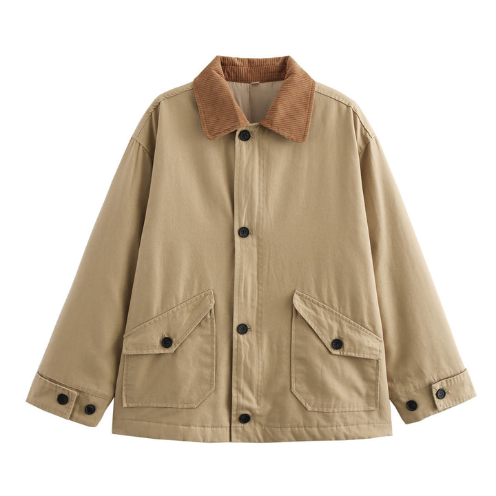 Damen oversized Utility-Jacke mit Cordkragen, Pattentaschen und Knopfverschluss – Célinea