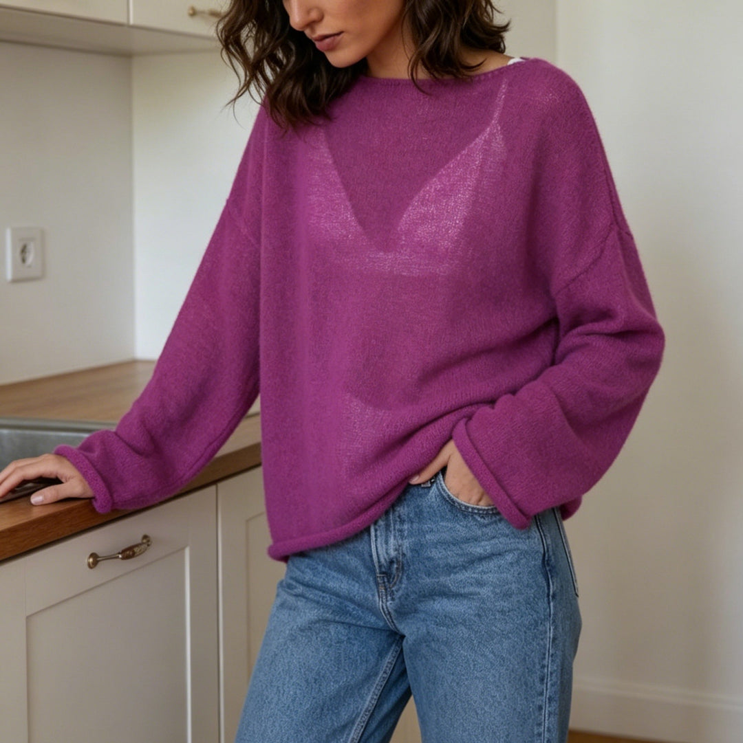 Damen luftiger Oversize-Feinstrickpullover mit weitem Arm und Rundhalsausschnitt – Mavelle