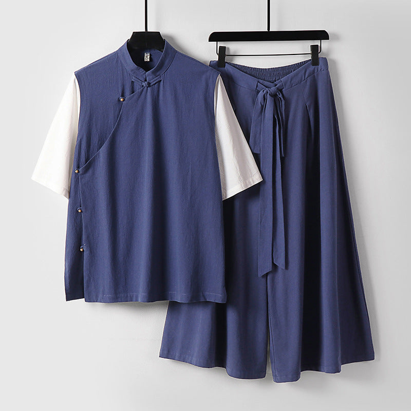 Damen Zweiteiliges Kimono-Loungewear-Set aus Leinenmischung mit Stehkragen asymmetrischer Knopfleiste und weitem Palazzo-Hosenrock Echoarchiv