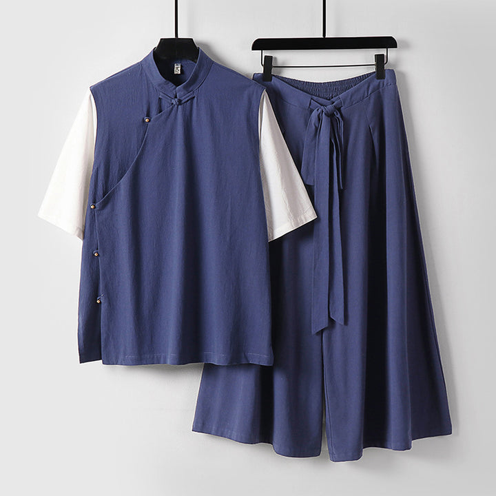 Damen Zweiteiliges Kimono-Loungewear-Set aus Leinenmischung mit Stehkragen asymmetrischer Knopfleiste und weitem Palazzo-Hosenrock Echoarchiv