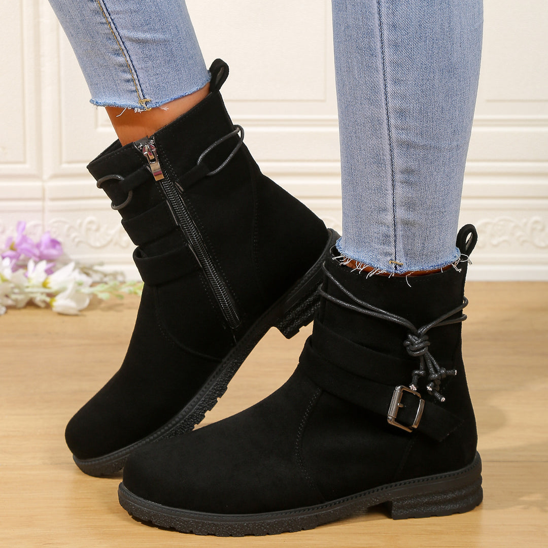Damen nan gefütterte Ankle-Boots mit Wickelriemen, dekorativer Metallschnalle und rutschfester Profilsohle Echo Archiv