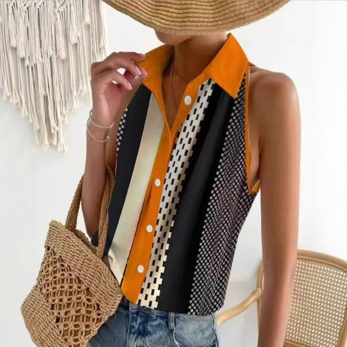 Damen nan ärmelloses Hemd-Top mit Kentkragen, kontrastierender Knopfleiste und grafischem Streifenprint Echo Archiv
