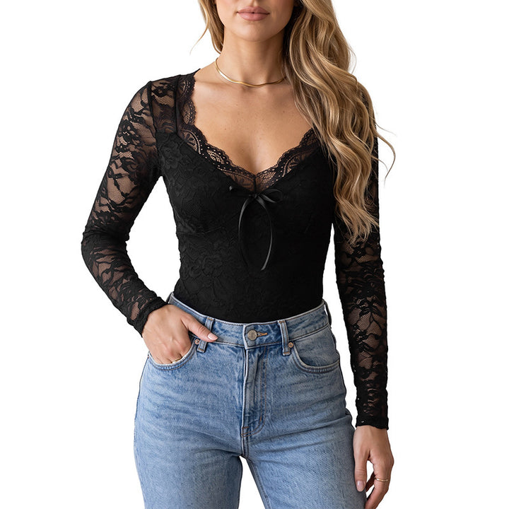 Damen Eleganter Spitzenbody mit V-Ausschnitt und Schleifen-Detail Echo Archiv