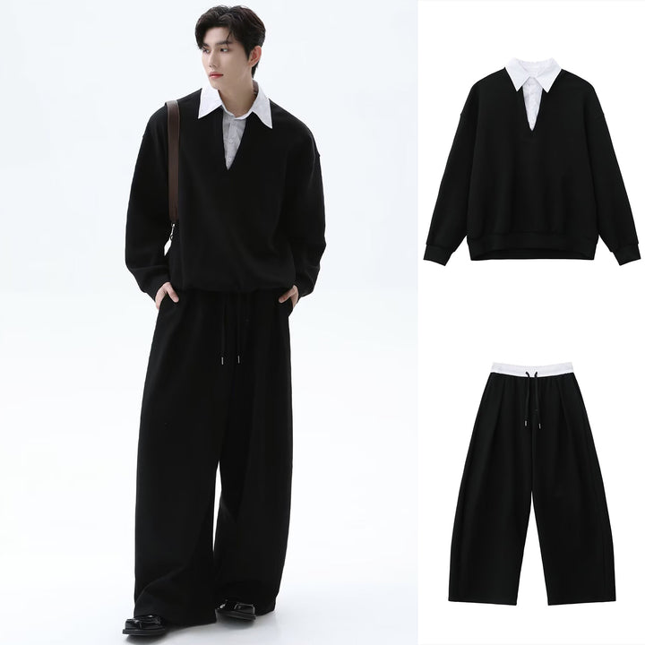 Herren Lässiger Oversized Pullover mit V-Ausschnitt und weiten Hosen Echoarchiv