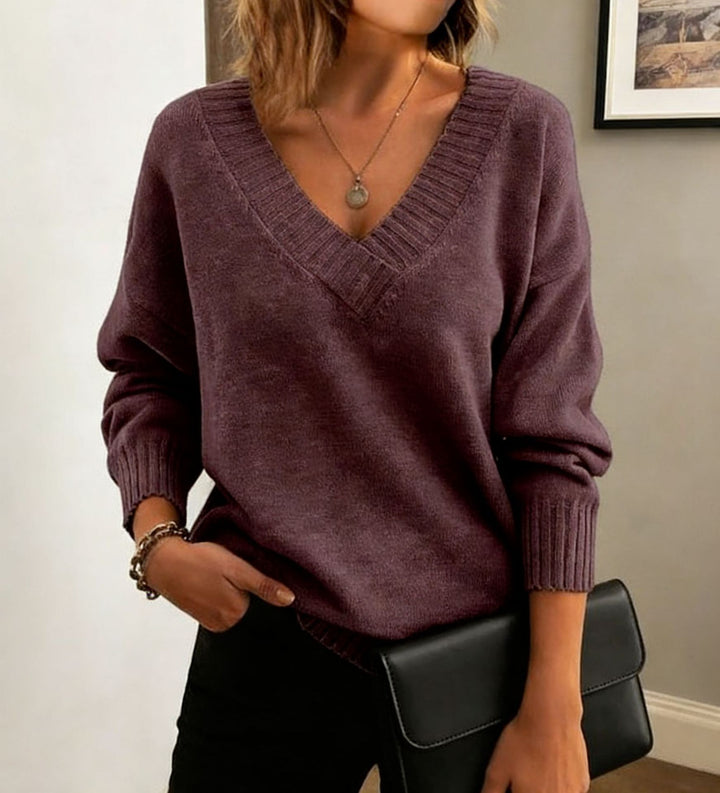 Damen Feinstrickpullover mit tiefem V-Ausschnitt und überschnittener Schulter – Mavelle
