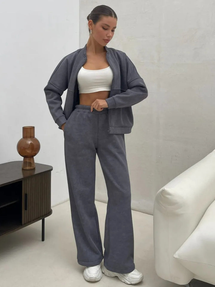 Damen Zweiteiliges Loungewear-Set mit kurzem Bomber-Zip und weiter hochgeschnittener Jogginghose – Auréline