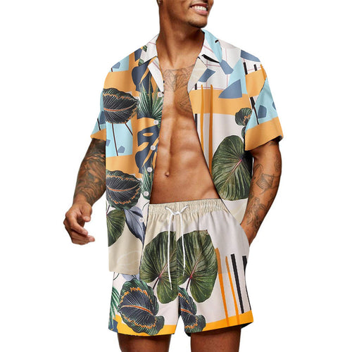 Herren Freizeit Hemd und Shorts Set mit farbenfrohem Pflanzenmuster Echoarchiv