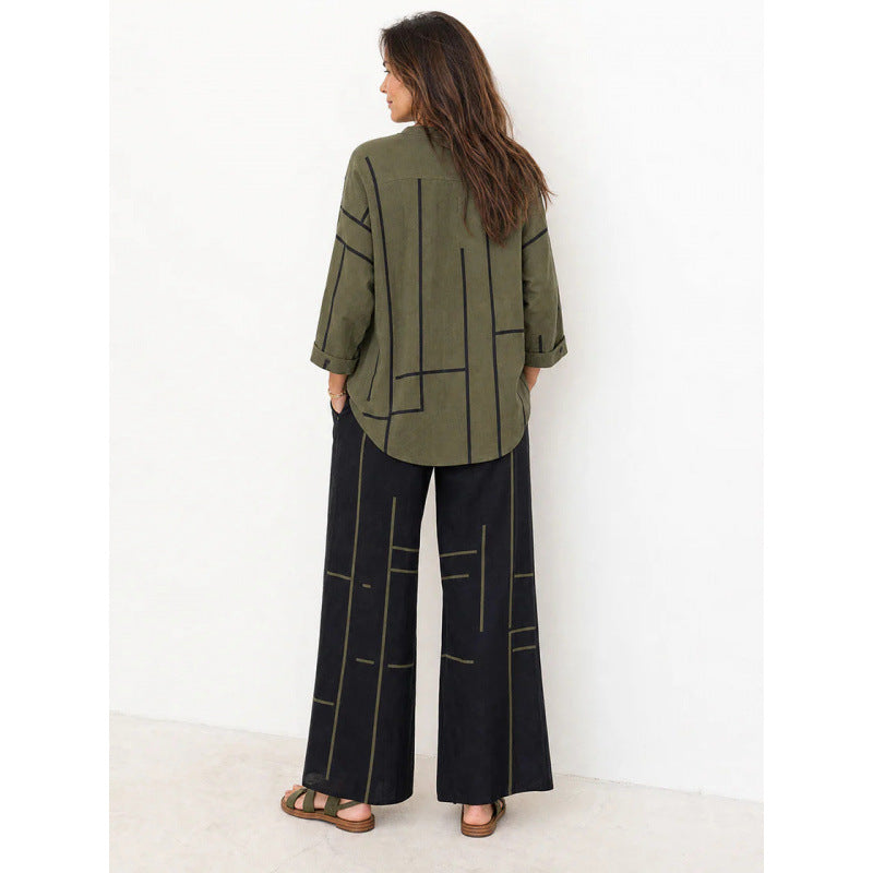 Damen Oversize-Tunika und weite Palazzohose mit grafischem Streifenprint und Henley-Kragen – Élanora