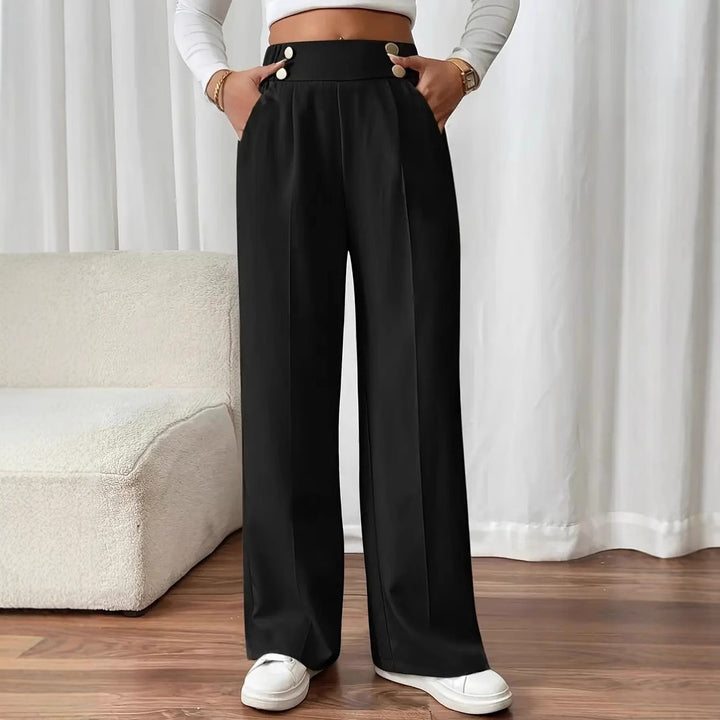 Damen Hochtaillierte Weite Palazzo‑Hose mit Bundknöpfen, Bügelfalte und Eingrifftaschen Echoarchiv