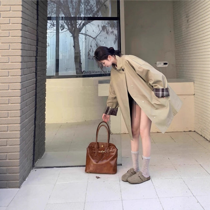 Damen Oversized Kurzmantel mit Stehkragen und kariertem Ärmelfutter Echoarchiv