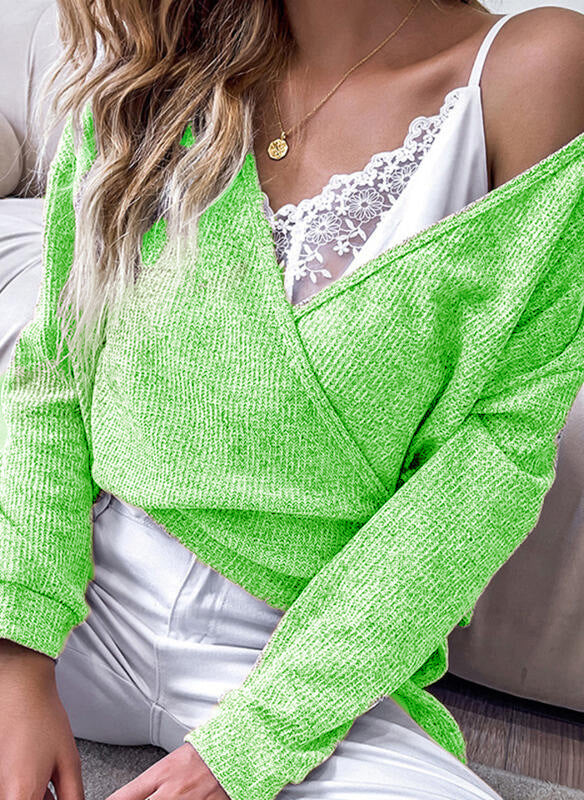 Damen feiner Strickwickelpullover mit tiefem V-Ausschnitt, überschnittenem Schulter und melierter Textur Echoarchiv