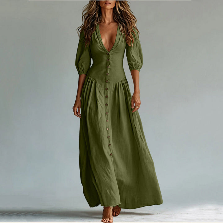 Damen Maxikleid mit tiefem V-Ausschnitt, durchgehender Knopfleiste und Ballonärmeln – Valéora