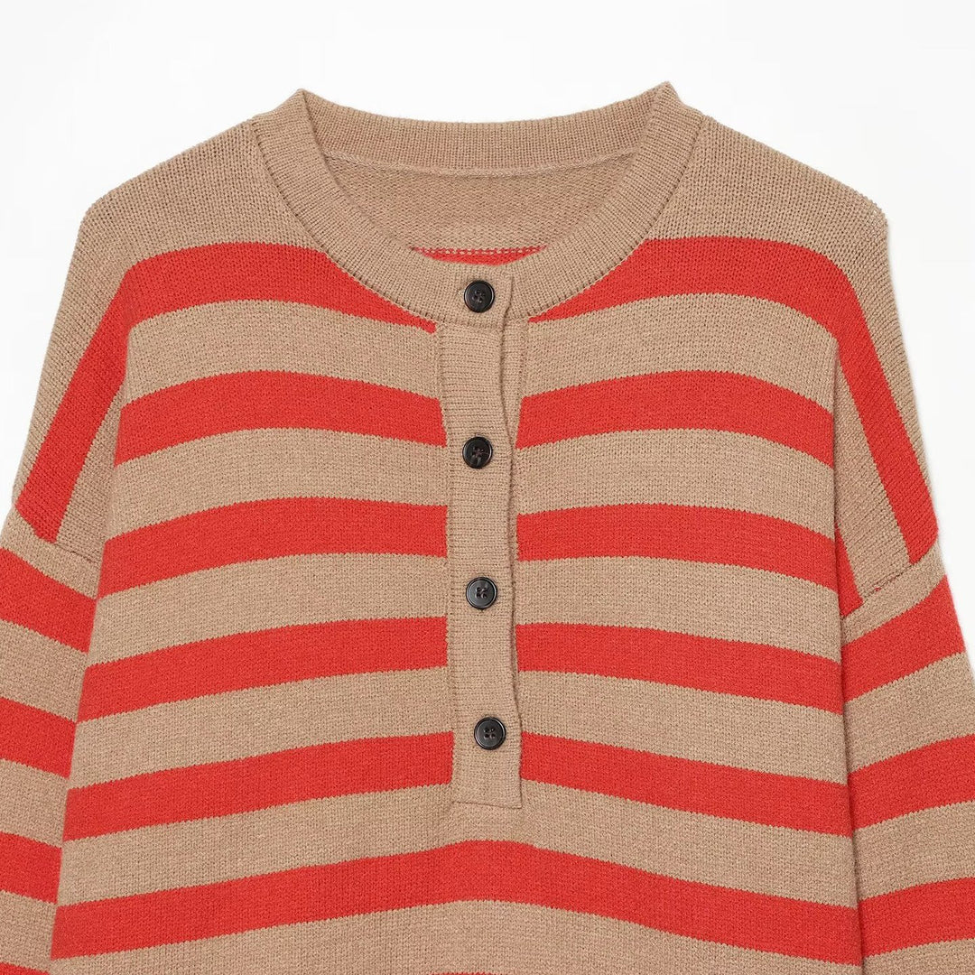 Damen Gestreifter Oversize-Strickpullover mit Henley-Knopfleiste Echoarchiv