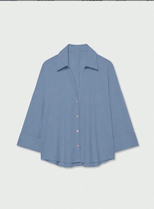 Damen Leichte Oversize Leinenoptik Bluse mit Dreiviertelärmeln und durchgehender Knopfleiste Echoarchiv