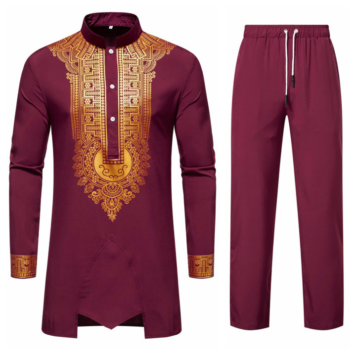 Herren Traditionelles Tunika-Set mit Stehkragen und goldfarbenem Ornamentdruck, Longshirt & Tunnelzughose Echo Archiv