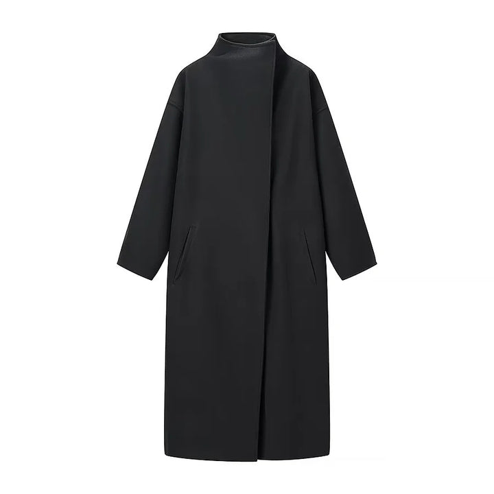 Damen nan minimalistischer Longmantel mit Stehkragen, verdeckter Frontleiste und schrägeingesetzten Eingrifftaschen Echo Archiv
