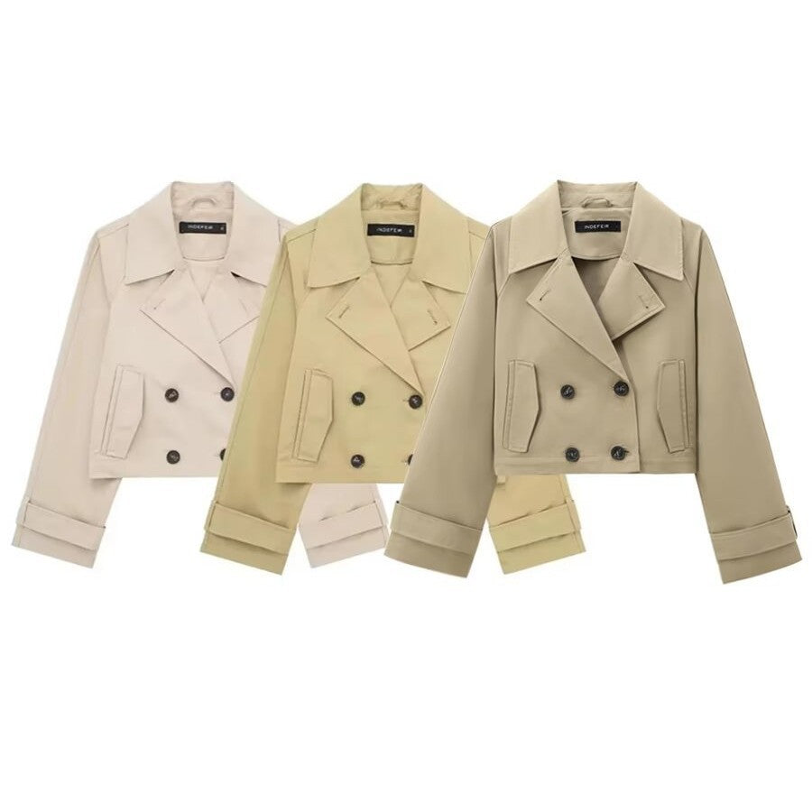 Damen kurze zweireihige Cropped Trenchjacke mit breitem Revers und verstellbaren Ärmelschnallen – Célinea