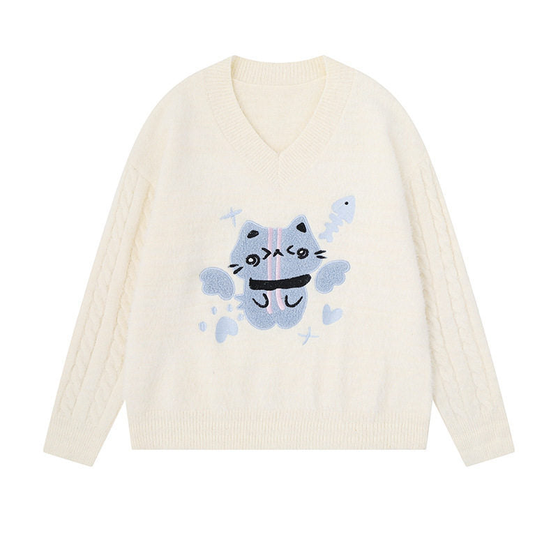 Damen V-Ausschnitt Strickpullover mit Zopfärmeln und Chenille-Katzenmotiv Echoarchiv