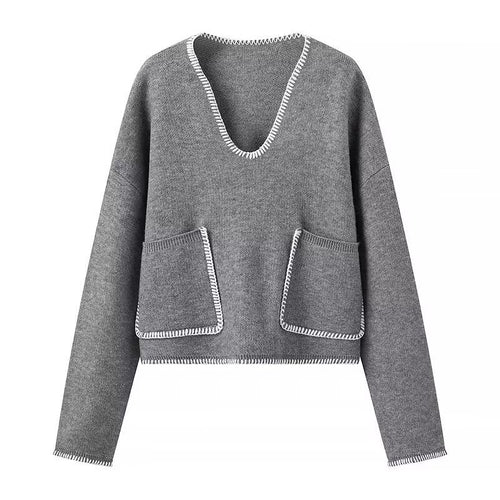 Damen Kurzer V-Ausschnitt Pullover mit Ziernähten und aufgesetzten Taschen Echo Archiv