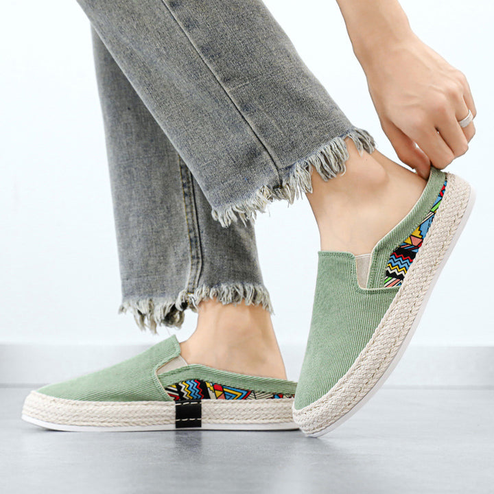 Damen Espadrille-Slipper aus Canvas mit geflochtener Jute-Sohle und farbigem Ethno-Detail Echoarchiv