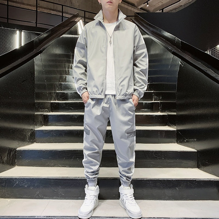 Herren Zweiteiliges Streetwear-Trainingsset mit Stehkragen, Kontraststreifen & reflektierenden Einsätzen Echoarchiv