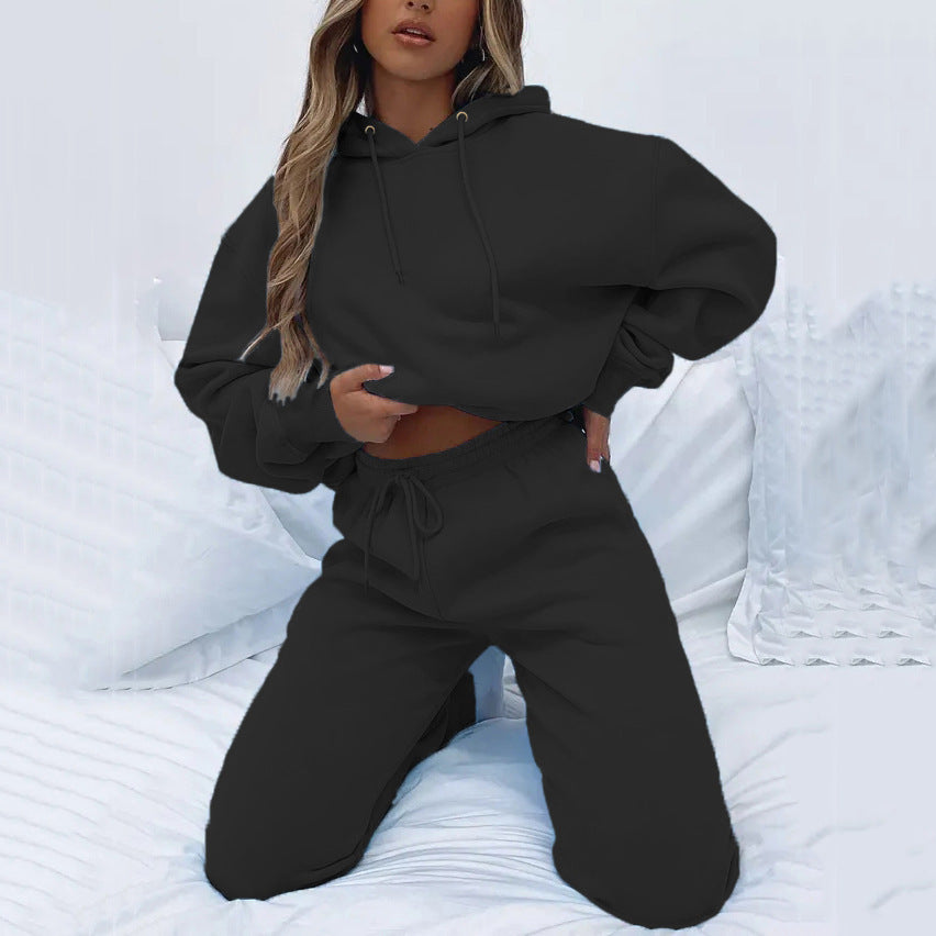 Damen nan Cropped Kapuzenjacke und High-Waist Jogginghose Set aus French Terry mit elastischem Bund Echo Archiv