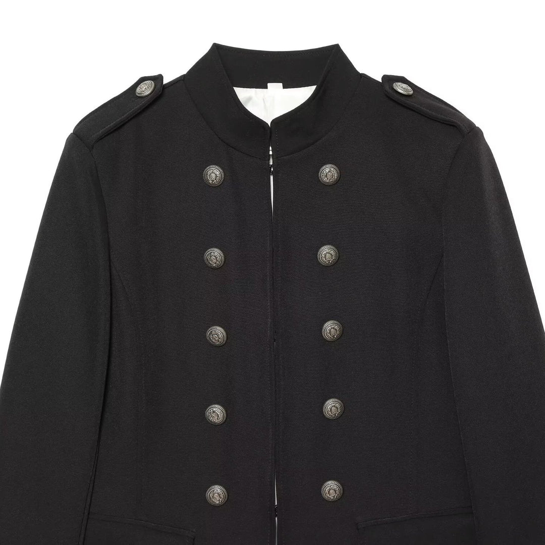 Damen Militärisch inspirierte Doppelreihige Kurzjacke mit Stehkragen und Epauletten Echo Archiv