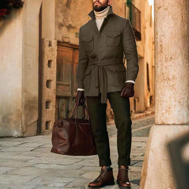 Herren multifunktionale Wool-Jacke mit Gürtel und Taschen Echoarchiv