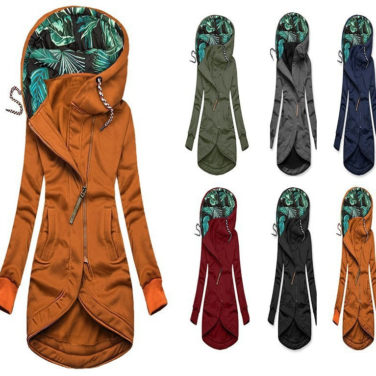 Damen asymmetrische Parka mit gefütterter tropischer Druckkapuze – Célinea
