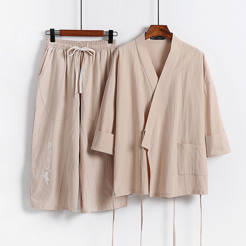 Unisex Leichtes Kimono-Loungewear-Set aus Baumwoll-Leinen mit bestickter Haremshose und Bindegürtel Echoarchiv