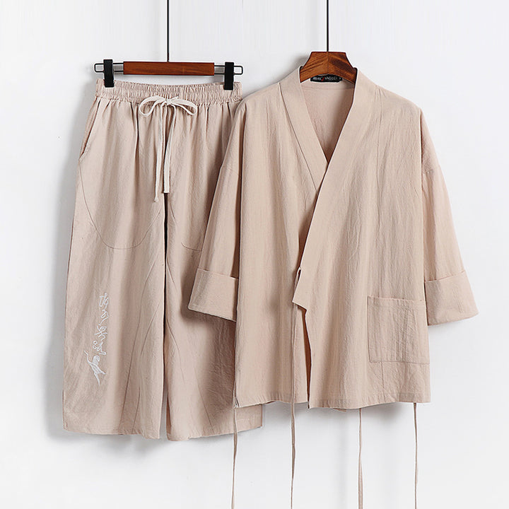 Unisex Leichtes Kimono-Loungewear-Set aus Baumwoll-Leinen mit bestickter Haremshose und Bindegürtel Echoarchiv