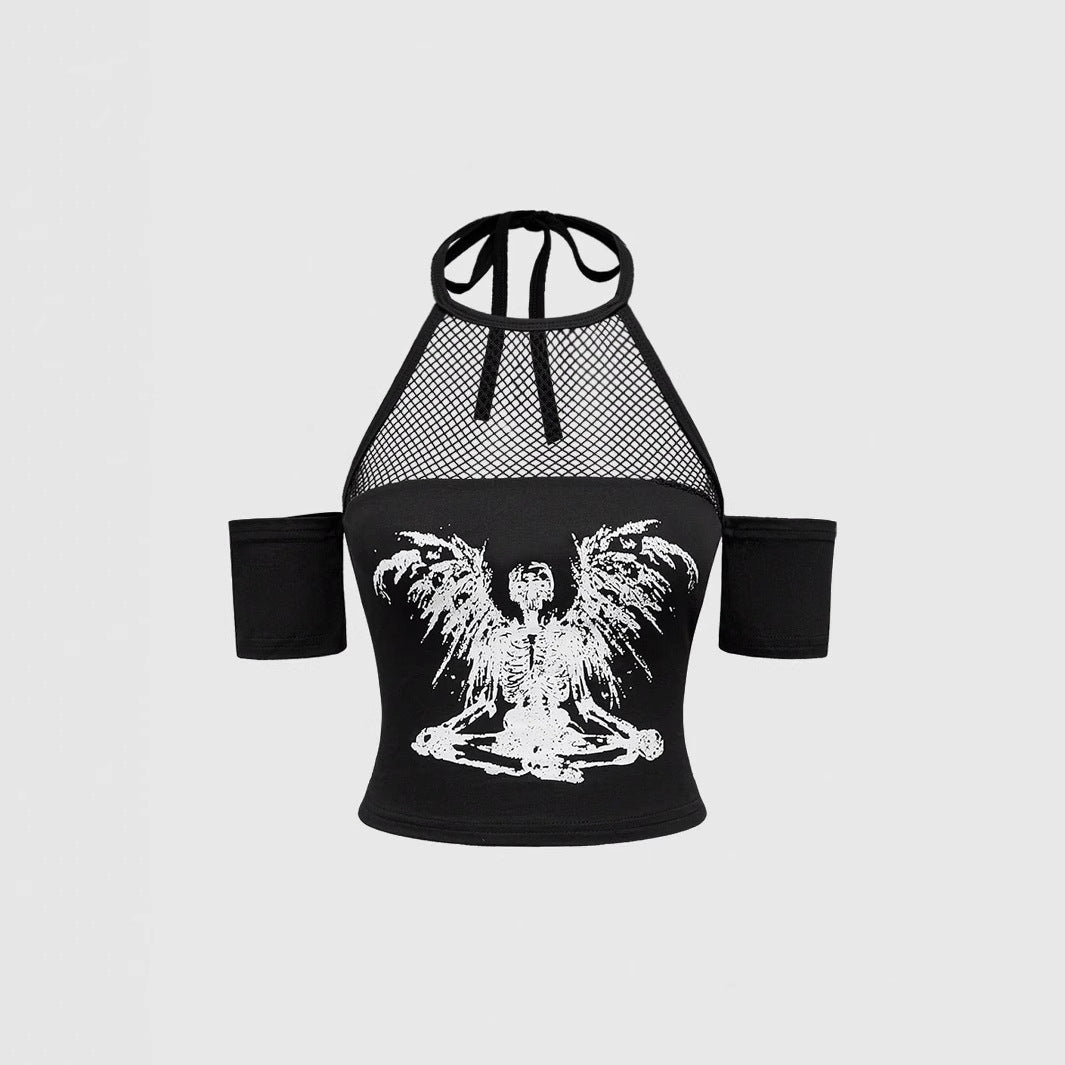 Damen Trendiges Crop-Top mit Netzdetails und originellem Grafiklitz Echo Archiv