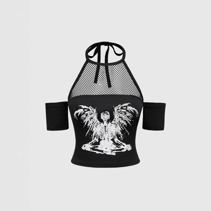 Damen Trendiges Crop-Top mit Netzdetails und originellem Grafiklitz Echo Archiv