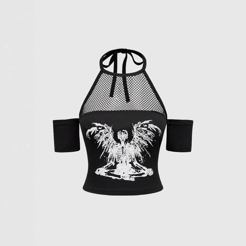 Damen Trendiges Crop-Top mit Netzdetails und originellem Grafiklitz Echo Archiv