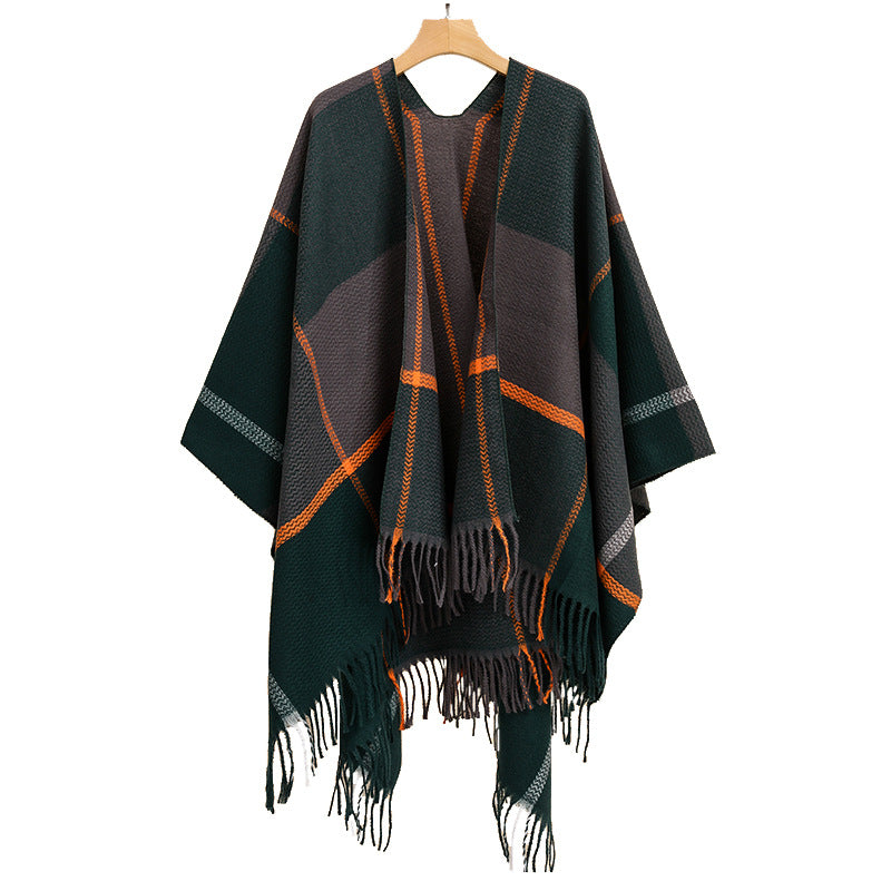 Damen Oversize-Capeponcho aus strukturierter Strickmischung mit V‑Ausschnitt, Karomuster und Fransen Echo Archiv