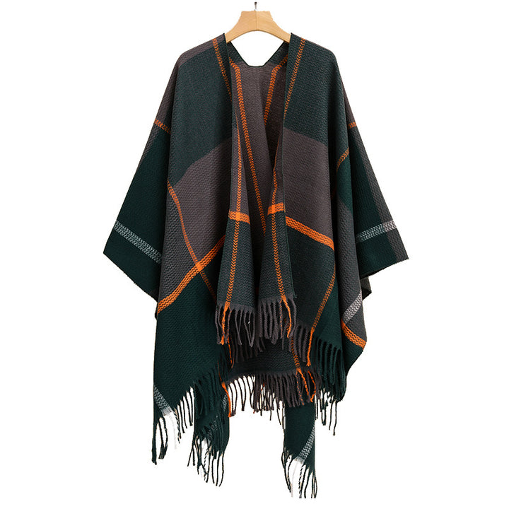 Damen Oversize-Capeponcho aus strukturierter Strickmischung mit V‑Ausschnitt, Karomuster und Fransen Echo Archiv