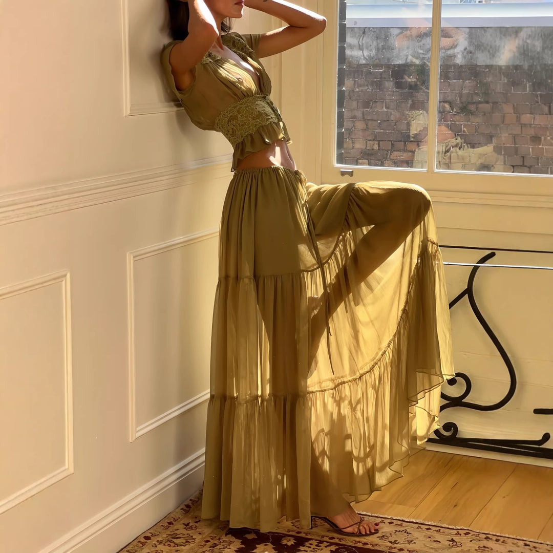 Damen Luftiges Maxikleid mit eleganten Rüschen und transparenter Optik Echo Archiv