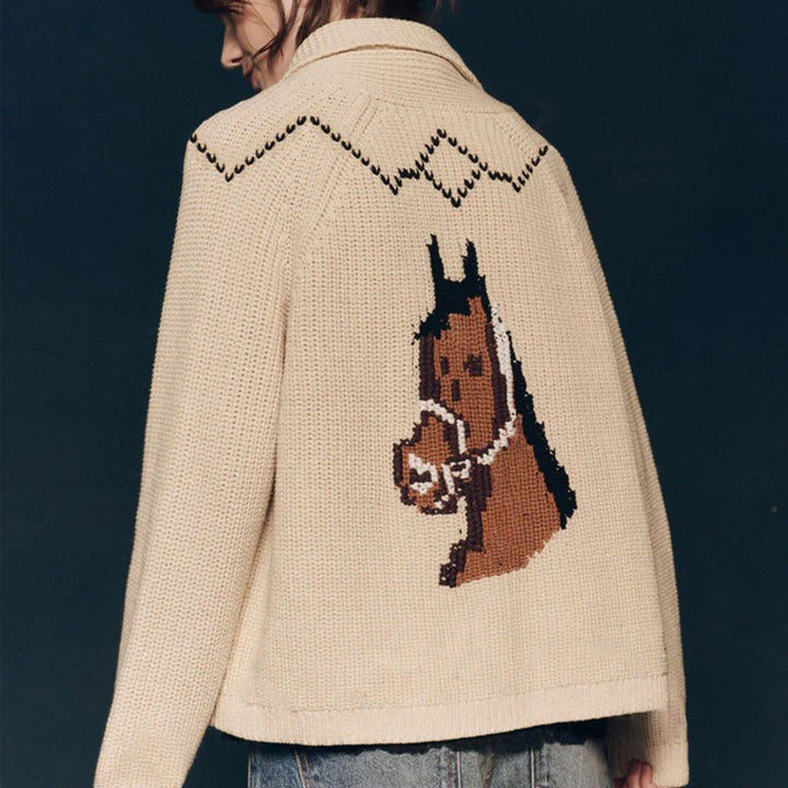 Damen Grobstrick-Cardigan mit Reverskragen und Pferde‑Intarsie Echoarchiv
