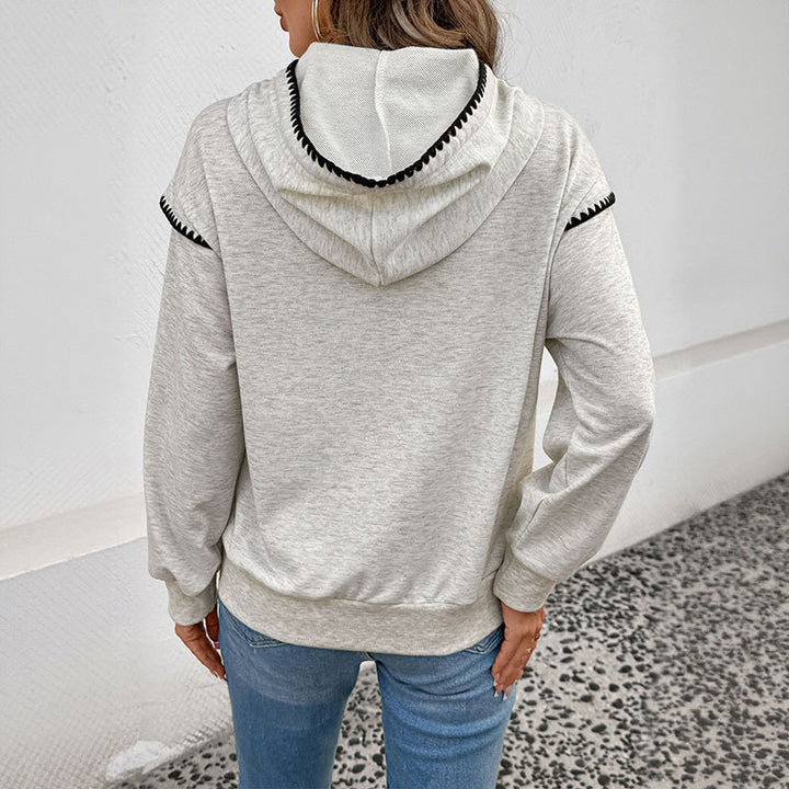 Damen Oversize-Kapuzenpullover mit Zierborte, Kängurutasche und verlängertem Kordelzug – Auréline