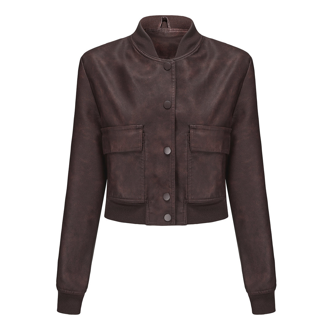 Damen nan kurze Crop-Kunstlederjacke im Blousonstil mit Druckknopffront und aufgesetzten Pattentaschen Echo Archiv
