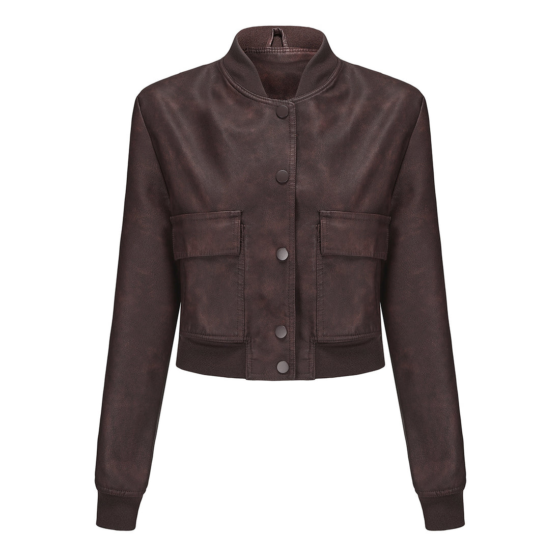 Damen kurze Crop-Kunstlederjacke im Blousonstil mit Druckknopffront und aufgesetzten Pattentaschen – Célinea
