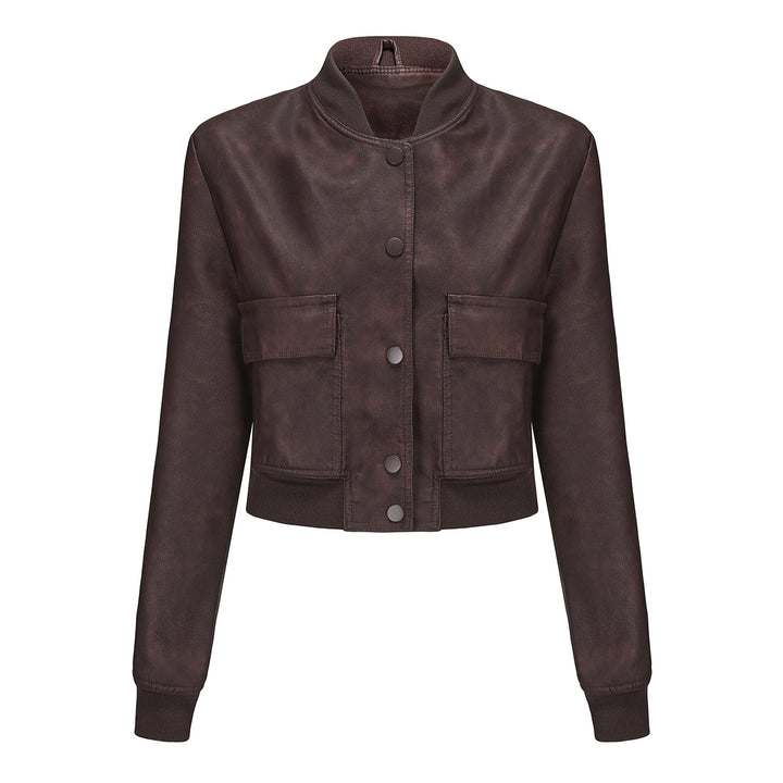 Damen nan kurze Crop-Kunstlederjacke im Blousonstil mit Druckknopffront und aufgesetzten Pattentaschen Echo Archiv